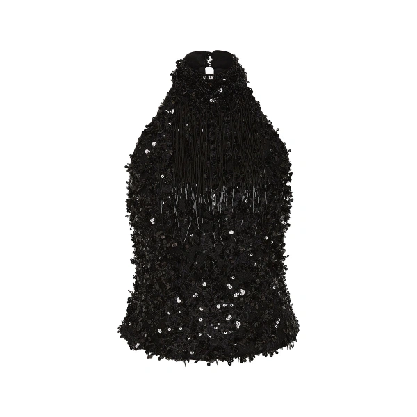 Black Fringe Sequin Lace Bodice