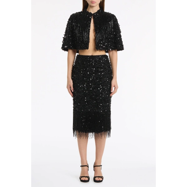 Carla Zampatti Black Fringe Sequin Lace Cape | Jackets | Coveti