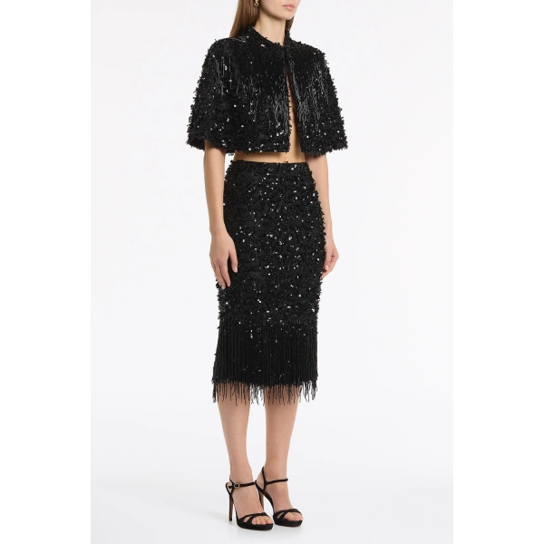 Carla Zampatti Black Fringe Sequin Lace Cape | Jackets | Coveti