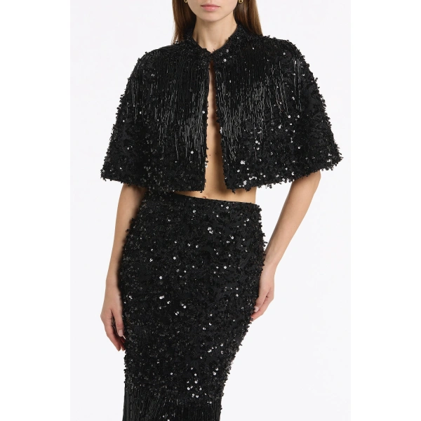 Carla Zampatti Black Fringe Sequin Lace Cape | Jackets | Coveti