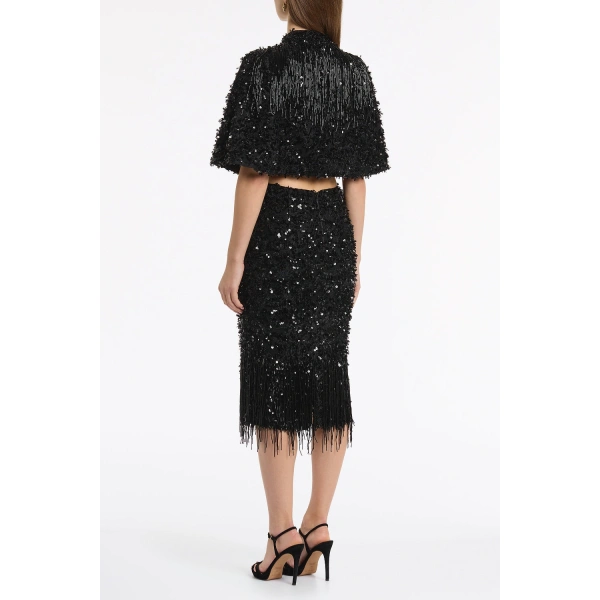 Carla Zampatti Black Fringe Sequin Lace Midi Skirt | Sequin & Embellished Skirts | Coveti