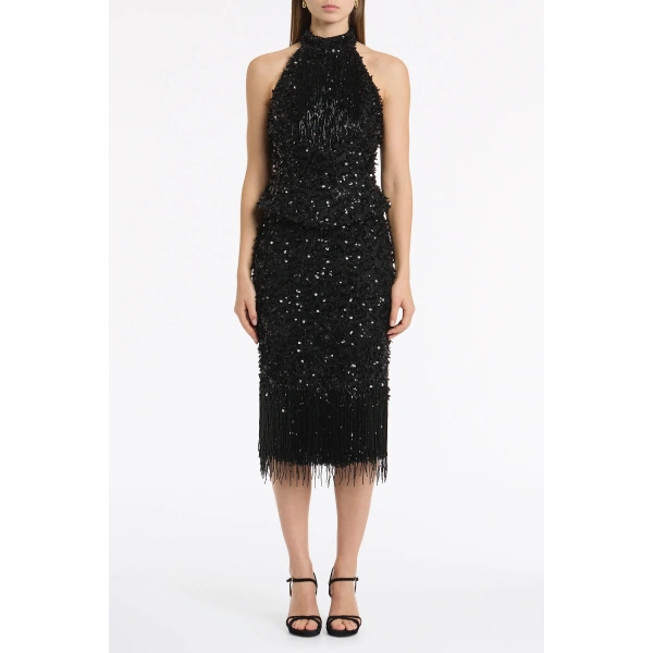 Carla Zampatti Black Fringe Sequin Lace Midi Skirt | Sequin & Embellished Skirts | Coveti