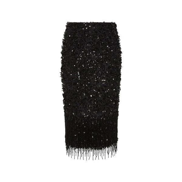 Black Fringe Sequin Lace Midi Skirt