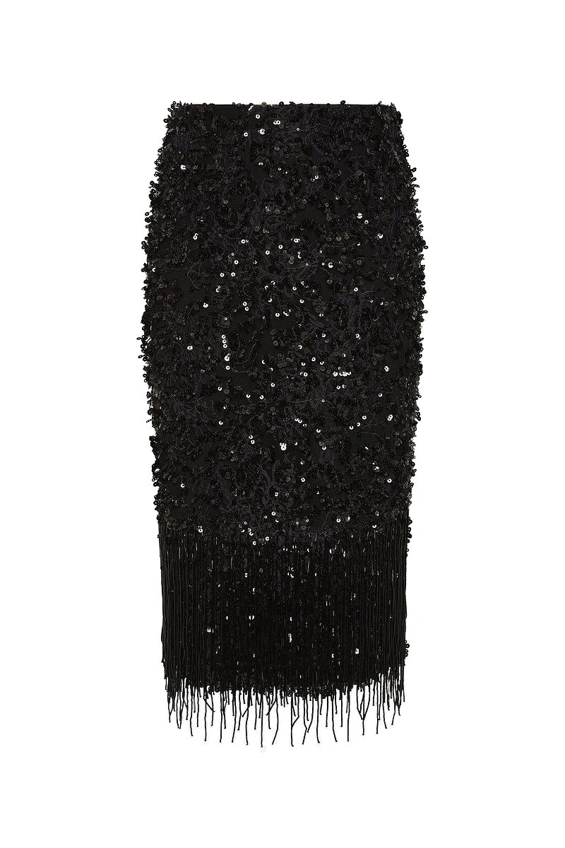 Carla Zampatti Black Fringe Sequin Lace Midi Skirt Carla Zampatti Black Fringe Sequin Lace Midi Skirt | Sequin & Embellished Skirts | Coveti