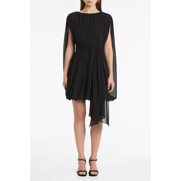Carla Zampatti Black Georgette Gathered Capelet Mini Dress | Mini Dresses | Coveti