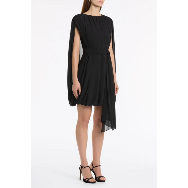 Carla Zampatti Black Georgette Gathered Capelet Mini Dress | Mini Dresses | Coveti