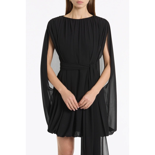 Carla Zampatti Black Georgette Gathered Capelet Mini Dress | Mini Dresses | Coveti