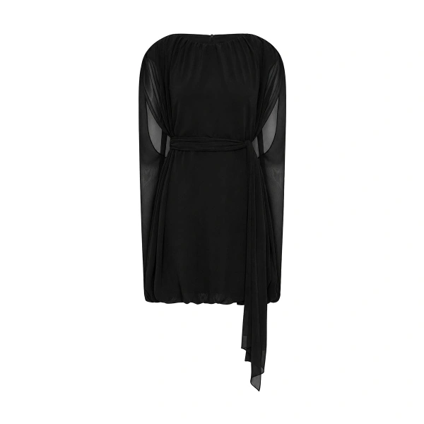 Black Georgette Gathered Capelet Mini Dress