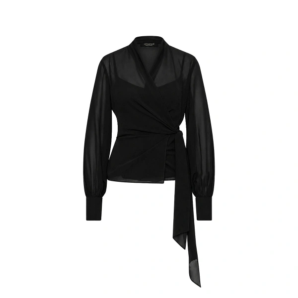 Black Georgette Long Sleeve Wrap Blouse
