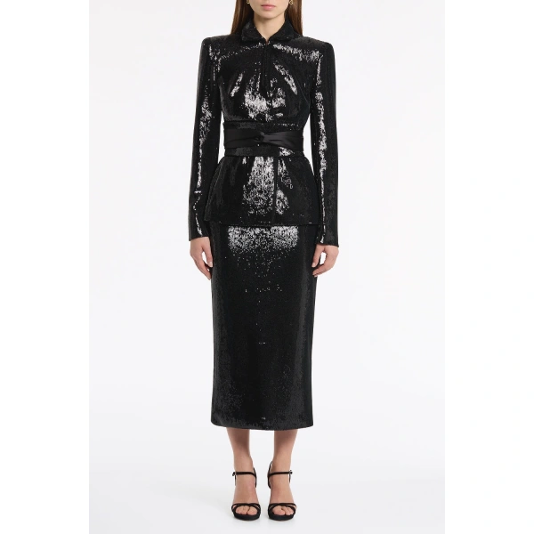Carla Zampatti Black Liquid Sequin Fitted Double Breasted Jacket | Blazers | Coveti