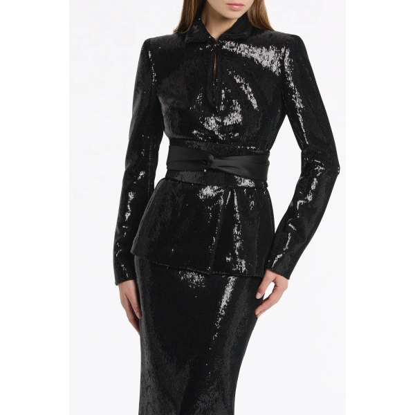 Carla Zampatti Black Liquid Sequin Fitted Double Breasted Jacket | Blazers | Coveti