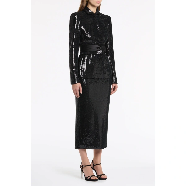 Carla Zampatti Black Liquid Sequin Long Line Pencil Skirt | Sequin & Embellished Skirts | Coveti