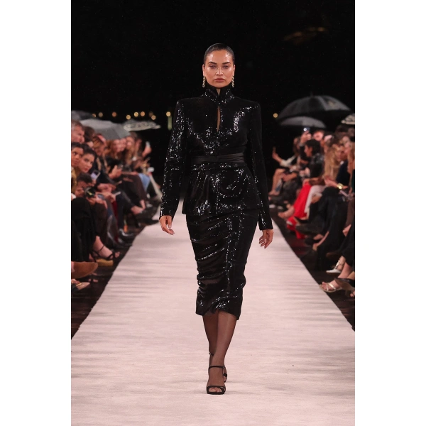 Carla Zampatti Black Liquid Sequin Long Line Pencil Skirt | Sequin & Embellished Skirts | Coveti