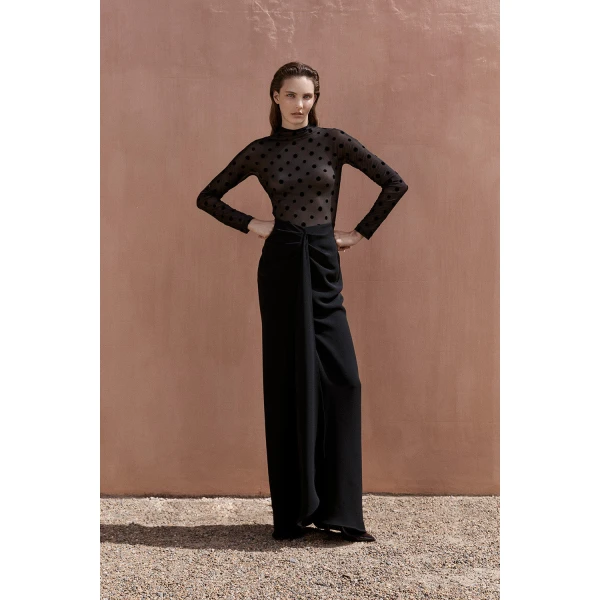Carla Zampatti Black Mesh Spot Contrast Gown | Evening Gowns | Coveti