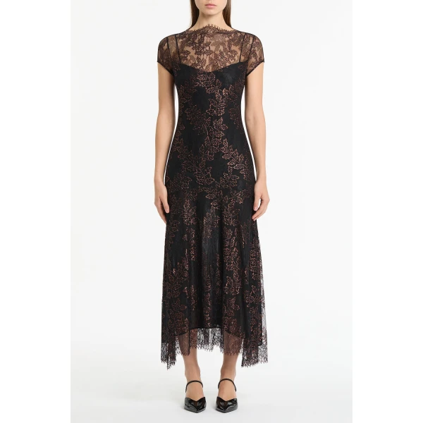 Carla Zampatti Black Metallic Lace Cap Sleeve Midi Dress | Midi Dresses | Coveti