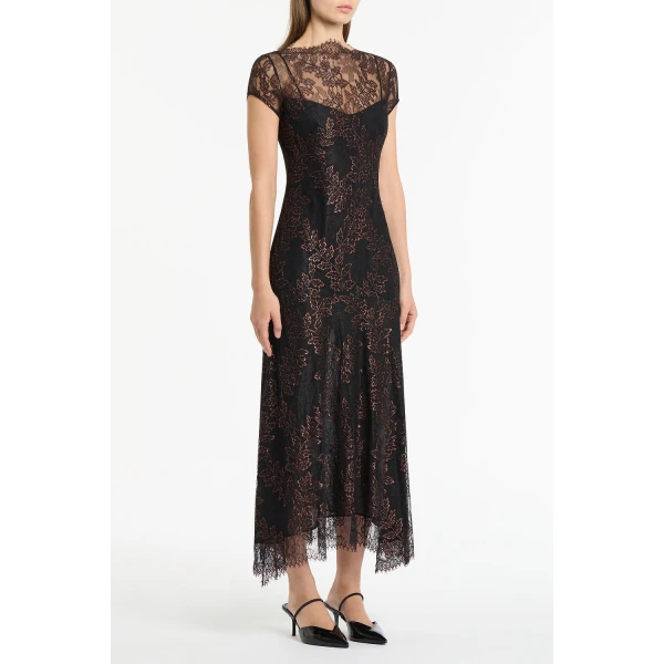 Carla Zampatti Black Metallic Lace Cap Sleeve Midi Dress | Midi Dresses | Coveti