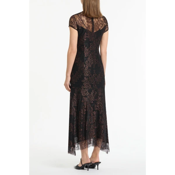 Carla Zampatti Black Metallic Lace Cap Sleeve Midi Dress | Midi Dresses | Coveti
