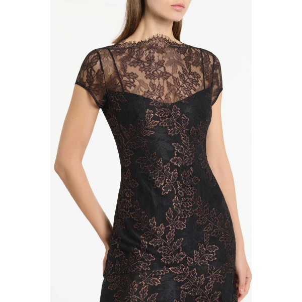 Carla Zampatti Black Metallic Lace Cap Sleeve Midi Dress | Midi Dresses | Coveti