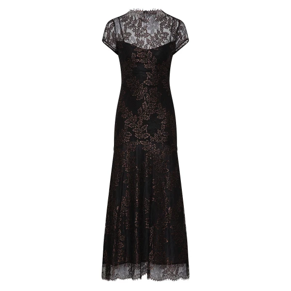Black Metallic Lace Cap Sleeve Midi Dress