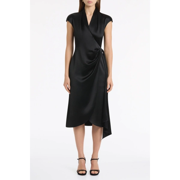 Carla Zampatti Black Satin Acetate Cap Sleeve Wrap Midi Dress | Midi Dresses | Coveti