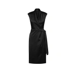 Carla Zampatti Black Satin Acetate Cap Sleeve Wrap Midi Dress | Midi Dresses | Coveti