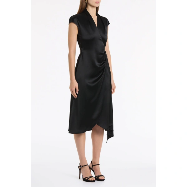 Carla Zampatti Black Satin Acetate Cap Sleeve Wrap Midi Dress | Midi Dresses | Coveti