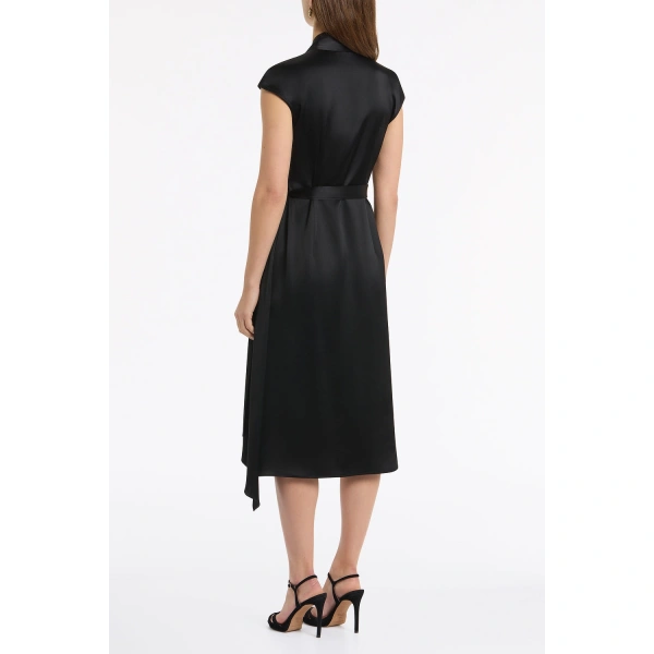 Carla Zampatti Black Satin Acetate Cap Sleeve Wrap Midi Dress | Midi Dresses | Coveti