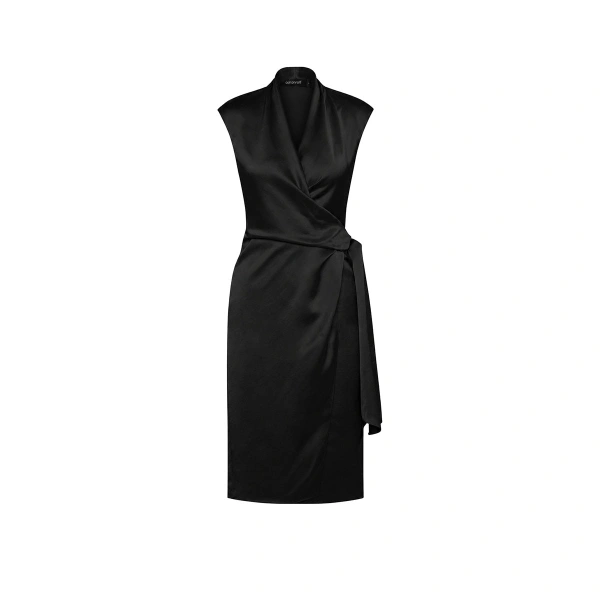 Black Satin Acetate Cap Sleeve Wrap Midi Dress