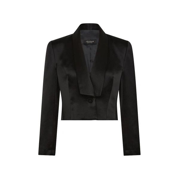 Black Satin Acetate Cropped Tuxedo Blazer