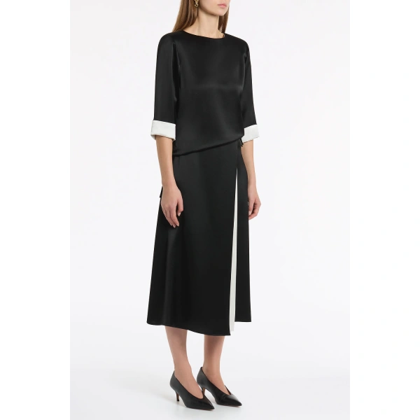 Carla Zampatti Black Satin Acetate Relaxed Split Hem Tee | Short Sleeved | Coveti