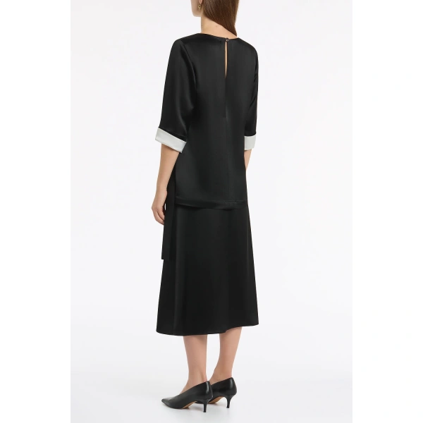 Carla Zampatti Black Satin Acetate Relaxed Split Hem Tee | Short Sleeved | Coveti