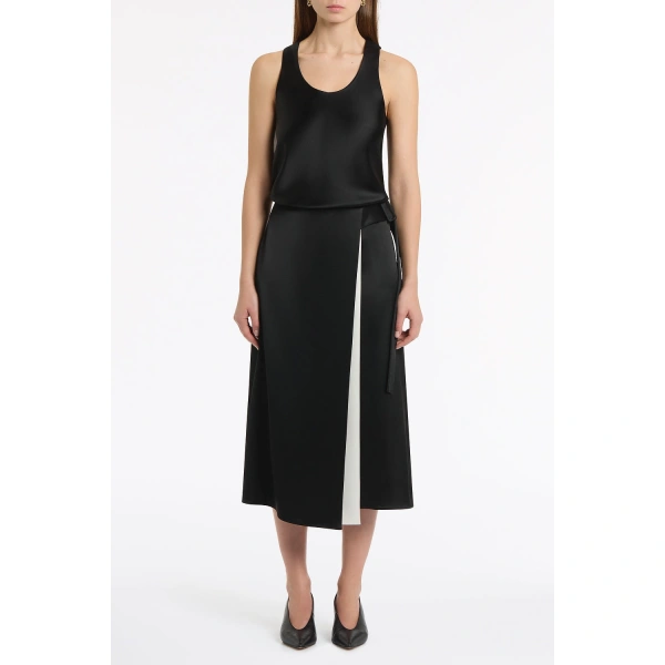 Carla Zampatti Black Satin Acetate Waist Tie Fluted Midi Skirt | Midi Skirts | Coveti