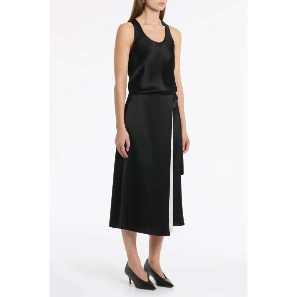 Carla Zampatti Black Satin Acetate Waist Tie Fluted Midi Skirt | Midi Skirts | Coveti