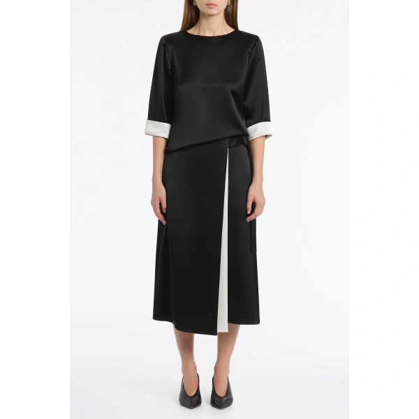 Carla Zampatti Black Satin Acetate Waist Tie Fluted Midi Skirt | Midi Skirts | Coveti