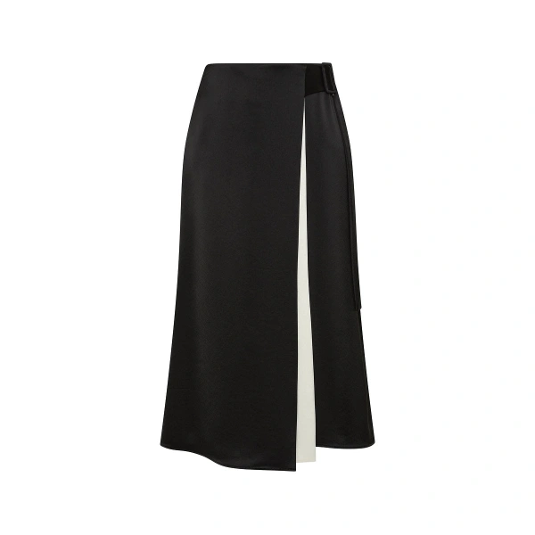 Black Satin Acetate Waist Tie Fluted Midi Skirt