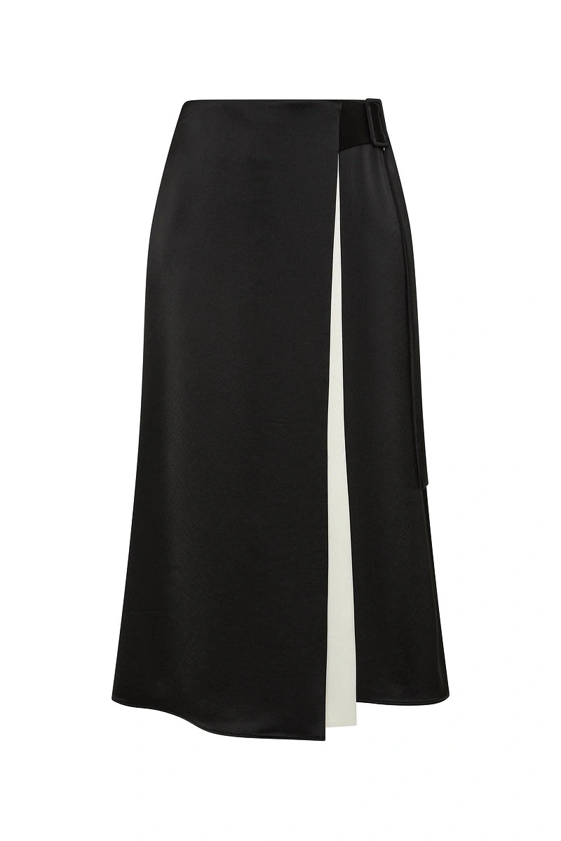 Carla Zampatti Black Satin Acetate Waist Tie Fluted Midi Skirt Carla Zampatti Black Satin Acetate Waist Tie Fluted Midi Skirt | Midi Skirts | Coveti