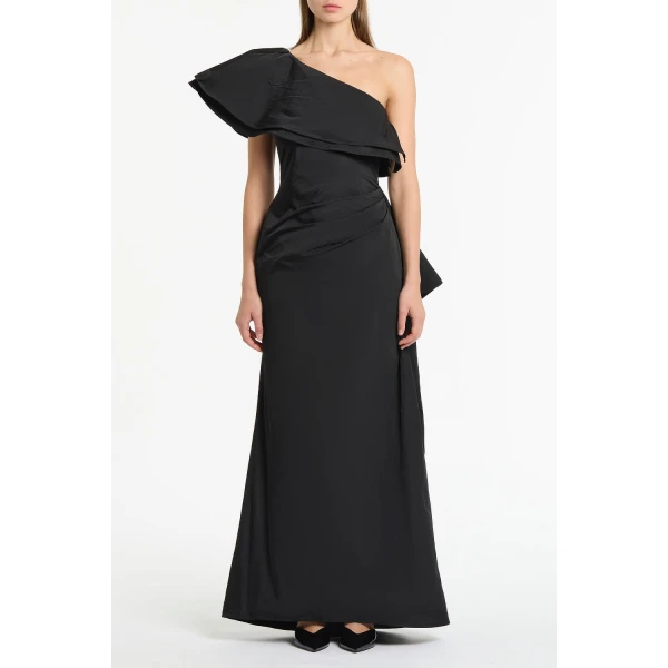 Carla Zampatti Black Taffeta Asymmetric One Shoulder Dress | Maxi Dresses | Coveti