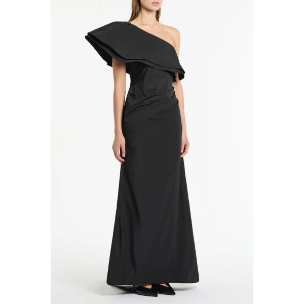 Carla Zampatti Black Taffeta Asymmetric One Shoulder Dress | Maxi Dresses | Coveti