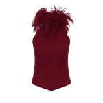 Carla Zampatti Cabernet Crepe Feather Detail Bodice | Sleeveless & Tank Tops | Coveti