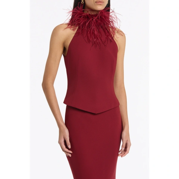 Carla Zampatti Cabernet Crepe Feather Detail Bodice | Sleeveless & Tank Tops | Coveti