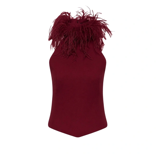 Carla Zampatti Cabernet Crepe Feather Detail Bodice | Sleeveless & Tank Tops | Coveti