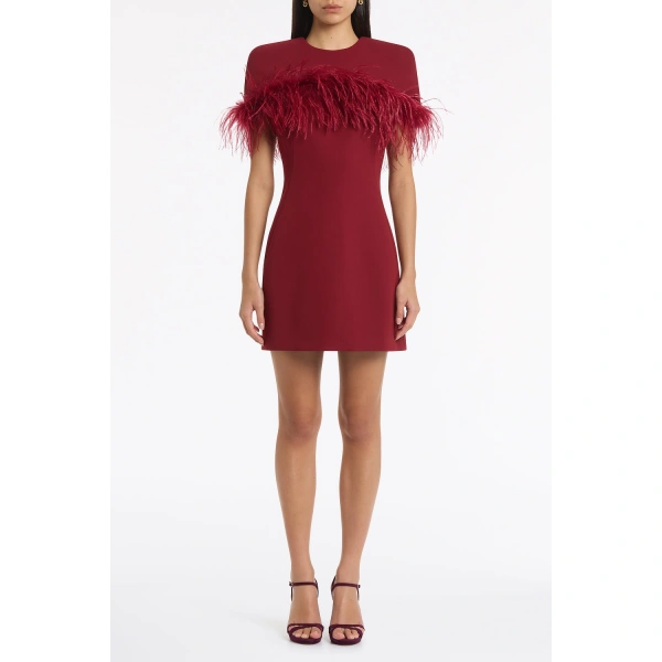 Carla Zampatti Cabernet Crepe Feather Detail Mini Cape Dress | Mini Dresses | Coveti