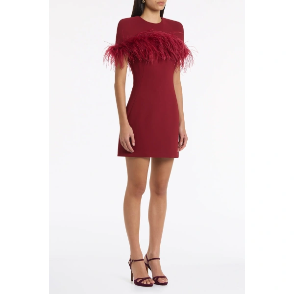 Carla Zampatti Cabernet Crepe Feather Detail Mini Cape Dress | Mini Dresses | Coveti