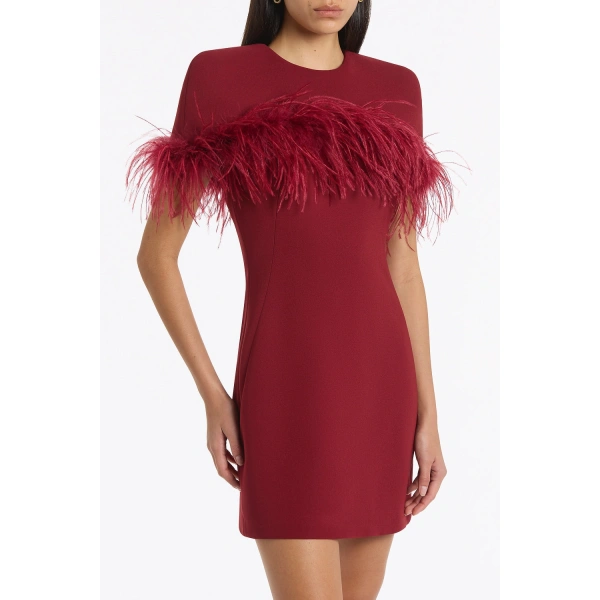 Carla Zampatti Cabernet Crepe Feather Detail Mini Cape Dress | Mini Dresses | Coveti
