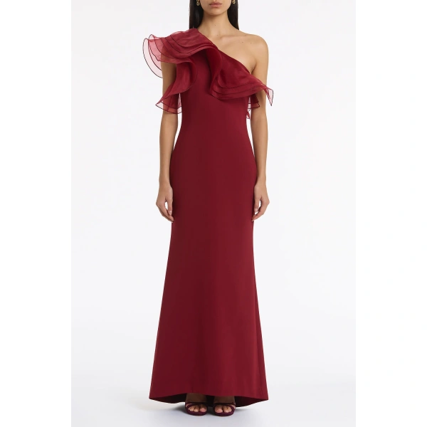 Carla Zampatti Cabernet Crepe One Shoulder Organza Ruffle Gown | Evening Gowns | Coveti