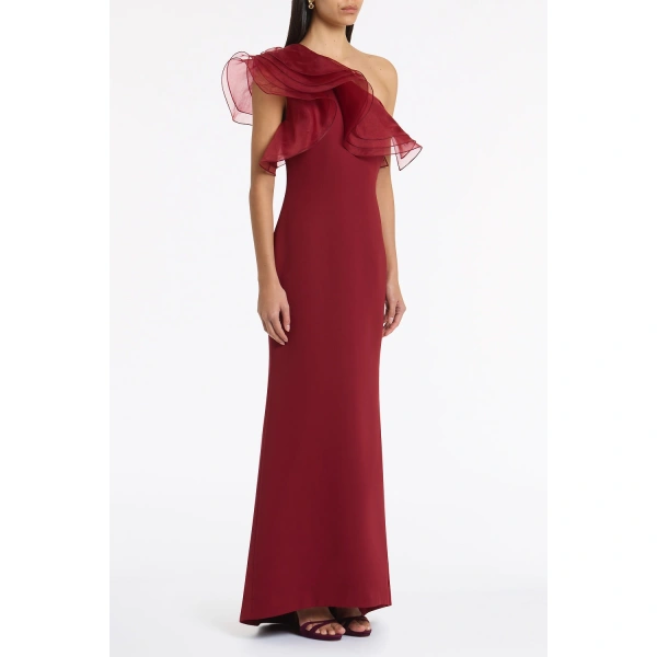 Carla Zampatti Cabernet Crepe One Shoulder Organza Ruffle Gown | Evening Gowns | Coveti