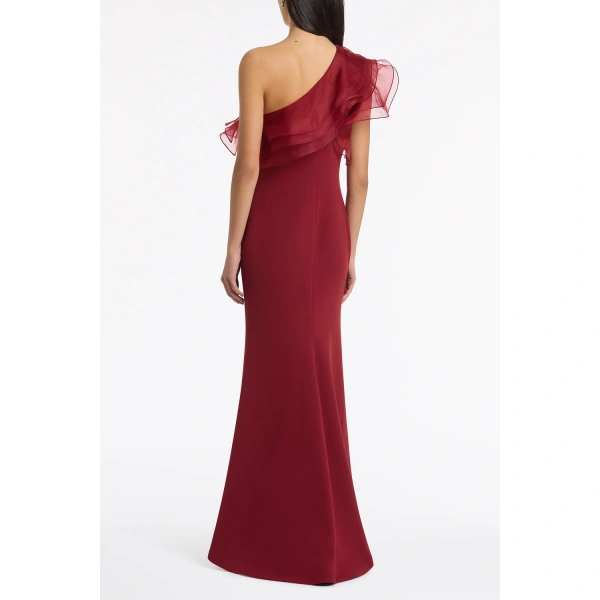 Carla Zampatti Cabernet Crepe One Shoulder Organza Ruffle Gown | Evening Gowns | Coveti
