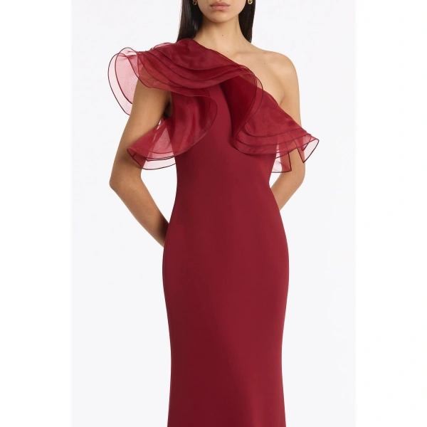 Carla Zampatti Cabernet Crepe One Shoulder Organza Ruffle Gown | Evening Gowns | Coveti
