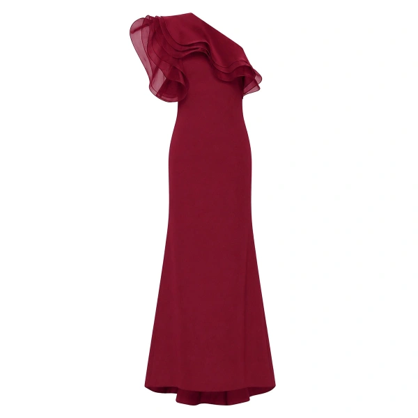 Cabernet Crepe One Shoulder Organza Ruffle Gown