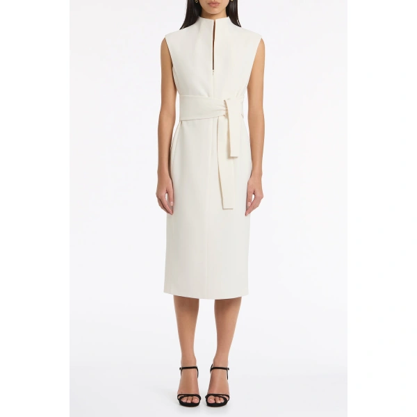 Carla Zampatti Ivory Crepe High Neck Tie Front Midi Dress | Midi Dresses | Coveti